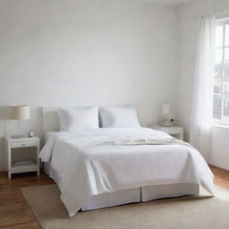 A neatly arranged girl's room in a Latin American city, showcasing a clean white bedspread with matching white cushions, absent of footboard, creating a scene of urban simplicity blended with lively cultural influence.