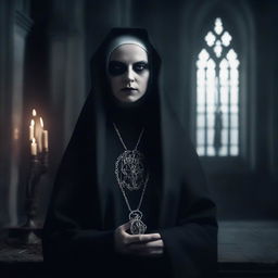 A gothic nun with satanic and blasphemous elements, dressed in dark attire with occult symbols