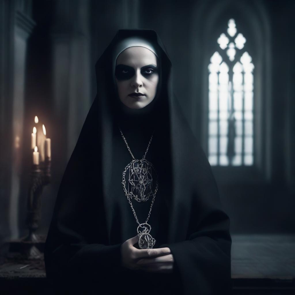 A gothic nun with satanic and blasphemous elements, dressed in dark attire with occult symbols