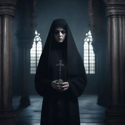 A gothic nun with satanic and blasphemous elements, dressed in dark attire with occult symbols