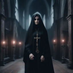 A gothic nun with satanic and blasphemous elements, dressed in dark attire with occult symbols