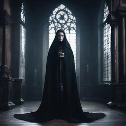 A gothic nun with satanic and blasphemous elements, dressed in dark attire with occult symbols