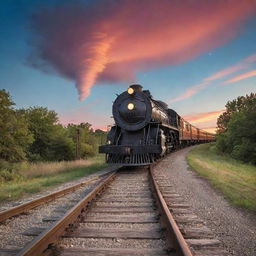 A vintage train chugging along tracks leading up into a vibrant, celestial sky