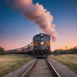 A vintage train chugging along tracks leading up into a vibrant, celestial sky