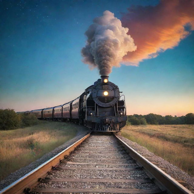 A vintage train chugging along tracks leading up into a vibrant, celestial sky