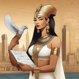 A modern and contemporary image of an Egyptian goddess holding a writing feather and a book