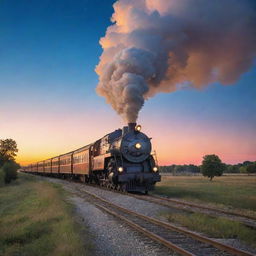 A vintage train chugging along tracks leading up into a vibrant, celestial sky