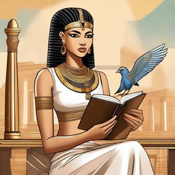 A modern and contemporary image of an Egyptian goddess holding a writing feather and a book