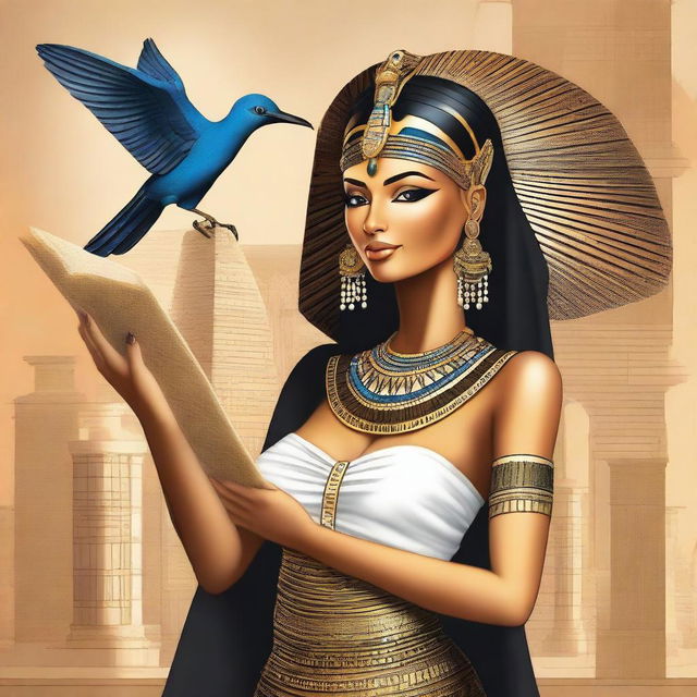 A modern and contemporary image of an Egyptian goddess holding a writing feather and a book