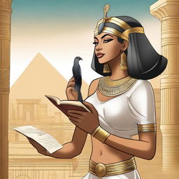 A modern and contemporary image of an Egyptian goddess holding a writing feather and a book