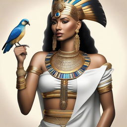 A modern and contemporary woman holding a quill pen, adorned with Egyptian accessories