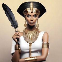 A modern and contemporary woman holding a quill pen, adorned with Egyptian accessories