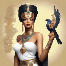 A modern and contemporary woman holding a quill pen, adorned with Egyptian accessories