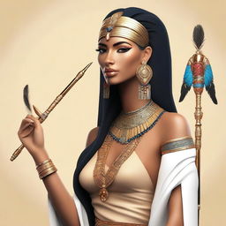 A modern and contemporary woman holding a quill pen, adorned with Egyptian accessories