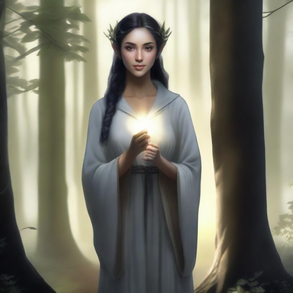 A female elf with light brown skin and black hair, wearing modest gray robes