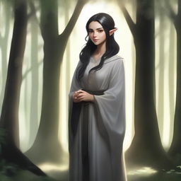 A female elf with light brown skin and black hair, wearing modest gray robes