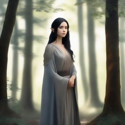 A female elf with light brown skin and black hair, wearing modest gray robes