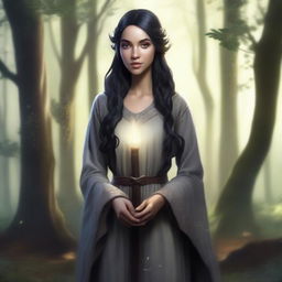 A female elf with light brown skin and black hair, wearing modest gray robes