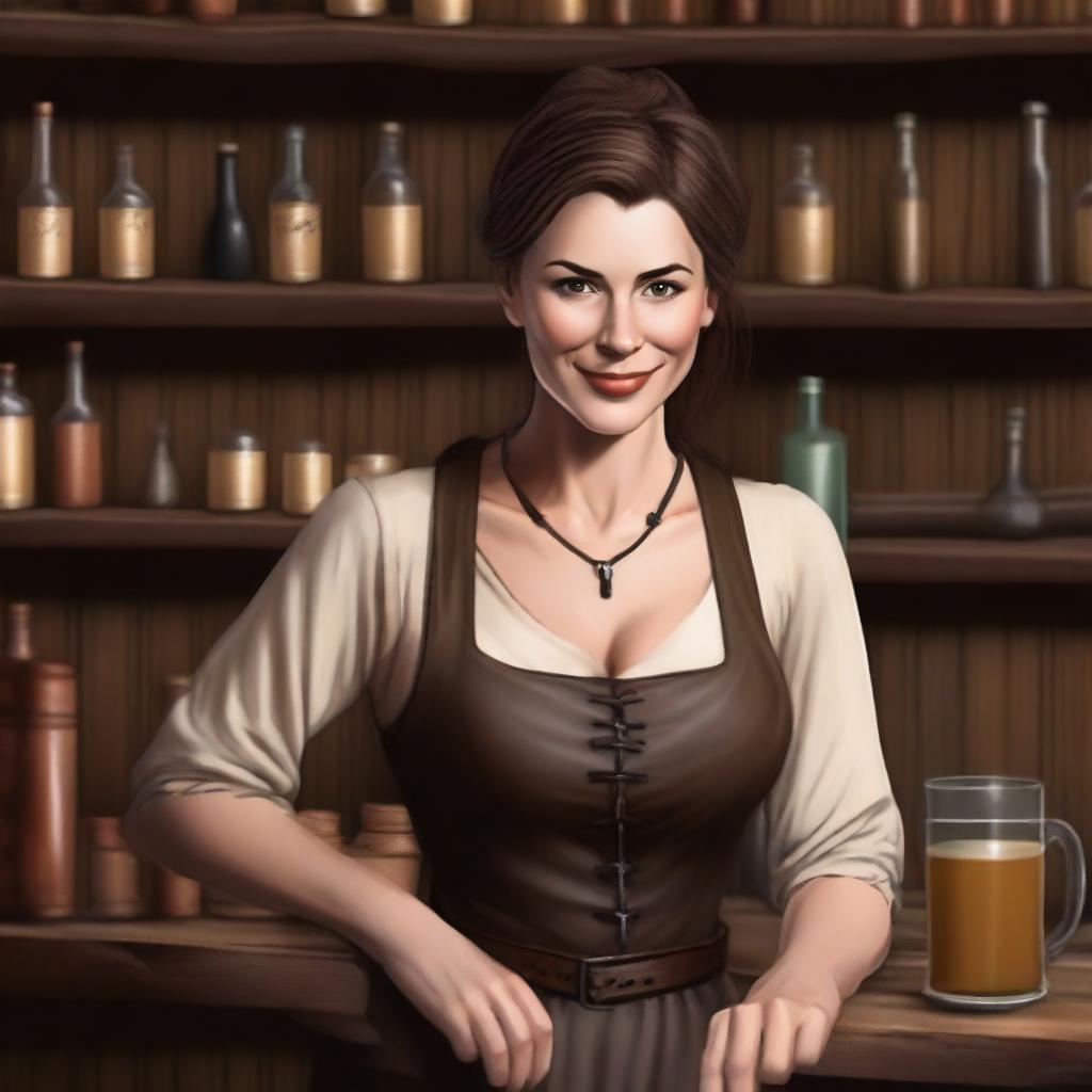 A female medieval bartender with brown hair tied in a ponytail