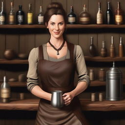 A female medieval bartender with brown hair tied in a ponytail