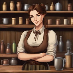 A female medieval bartender with brown hair tied in a ponytail