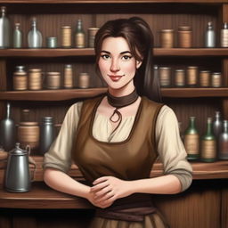 A female medieval bartender with brown hair tied in a ponytail