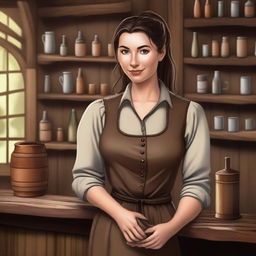 A female medieval bartender with brown hair tied in a ponytail