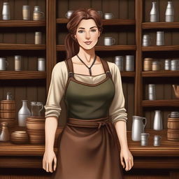 A female medieval bartender with brown hair tied in a ponytail