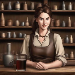 A female medieval bartender with brown hair tied in a ponytail