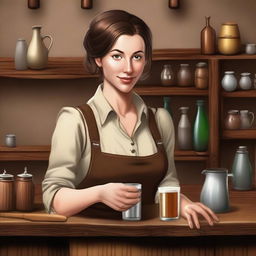 A female medieval bartender with brown hair tied in a ponytail