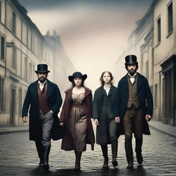 Create an image inspired by Les Miserables, featuring the iconic characters Jean Valjean, Javert, Fantine, and Cosette, set against the backdrop of 19th-century France with a dramatic and emotional atmosphere