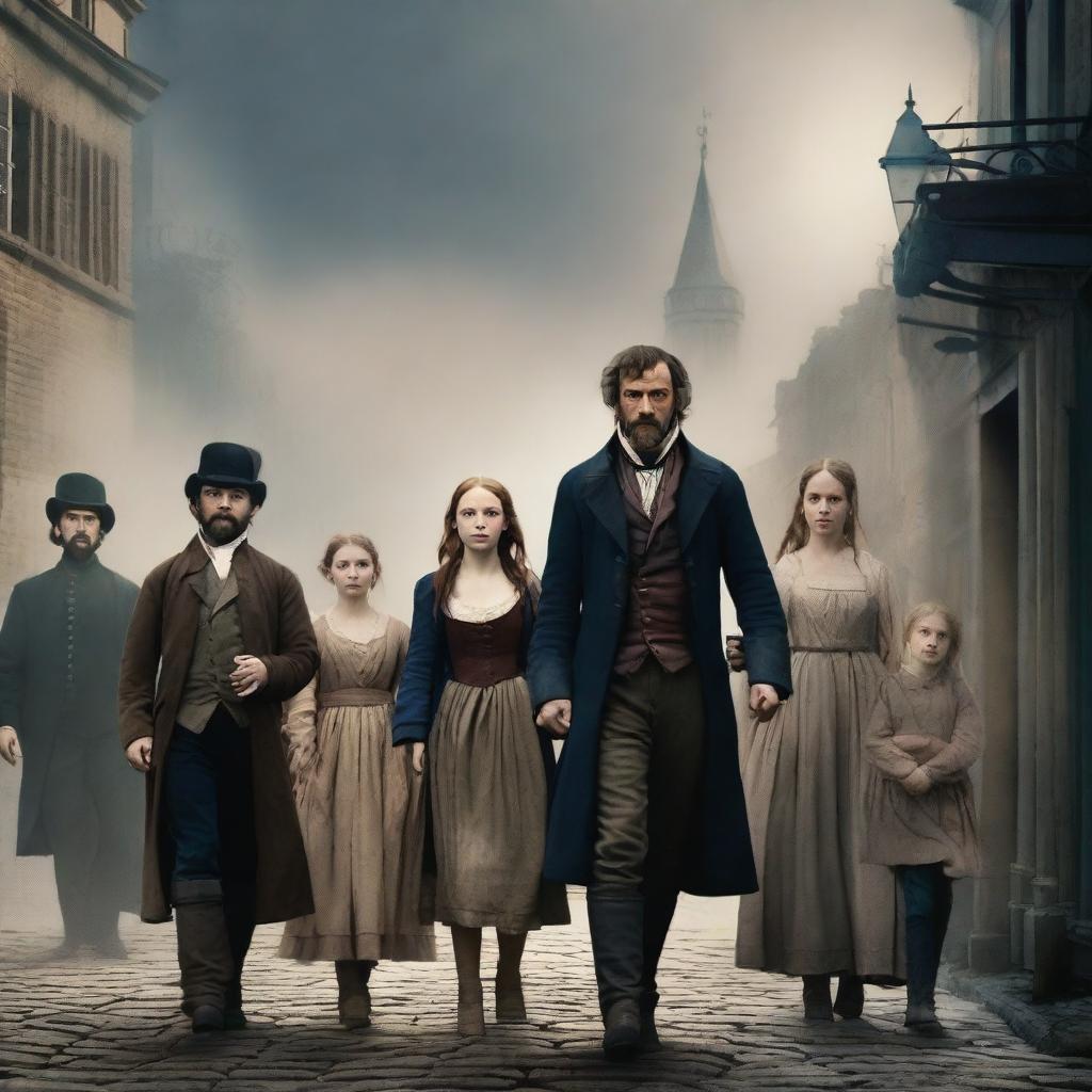 Create an image inspired by Les Miserables, featuring the iconic characters Jean Valjean, Javert, Fantine, and Cosette, set against the backdrop of 19th-century France with a dramatic and emotional atmosphere