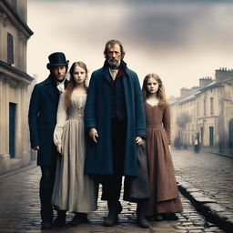 Create an image inspired by Les Miserables, featuring the iconic characters Jean Valjean, Javert, Fantine, and Cosette, set against the backdrop of 19th-century France with a dramatic and emotional atmosphere