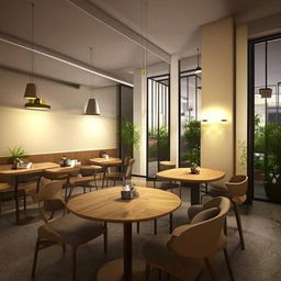 Imaginary reinvention of a chic and welcoming café interior with modern furnishings, ambient lighting, and cozy seating arrangements.