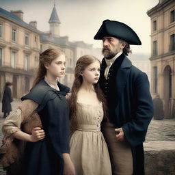 Create an image inspired by Les Miserables, featuring the iconic characters Jean Valjean, Javert, Fantine, and Cosette, set against the backdrop of 19th-century France with a dramatic and emotional atmosphere