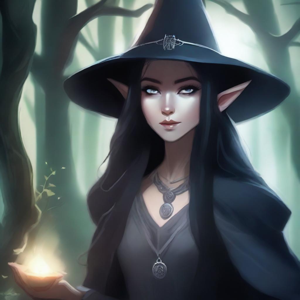 A female elf drow with long black hair, wearing a dark gray tunic, an obsidian medallion, and a big dark gray witch hat