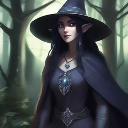 A female elf drow with long black hair, wearing a dark gray tunic, an obsidian medallion, and a big dark gray witch hat