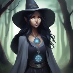 A female elf drow with long black hair, wearing a dark gray tunic, an obsidian medallion, and a big dark gray witch hat