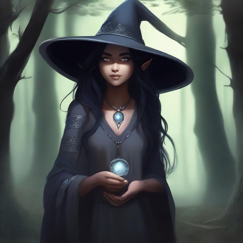 A female elf drow with long black hair, wearing a dark gray tunic, an obsidian medallion, and a big dark gray witch hat