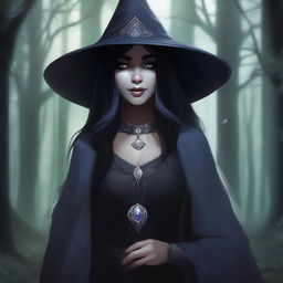 A female elf drow with long black hair, wearing a dark gray tunic, an obsidian medallion, and a big dark gray witch hat