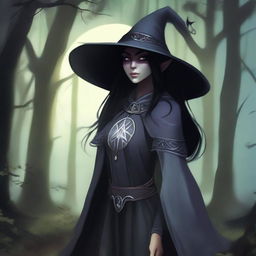 A female elf drow with long black hair, wearing a dark gray tunic, an obsidian medallion, and a big dark gray witch hat