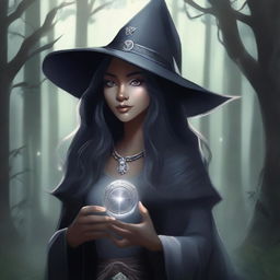 A female elf drow with long black hair, wearing a dark gray tunic, an obsidian medallion, and a big dark gray witch hat