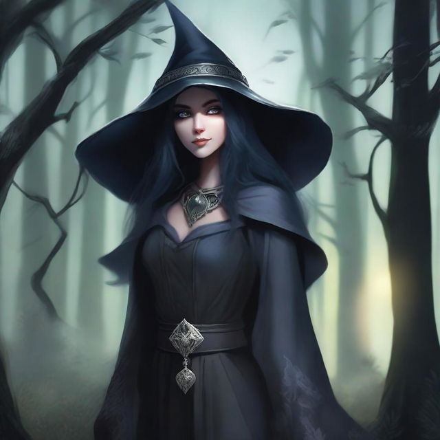 A female elf drow with long black hair, wearing a dark gray tunic, an obsidian medallion, and a big dark gray witch hat