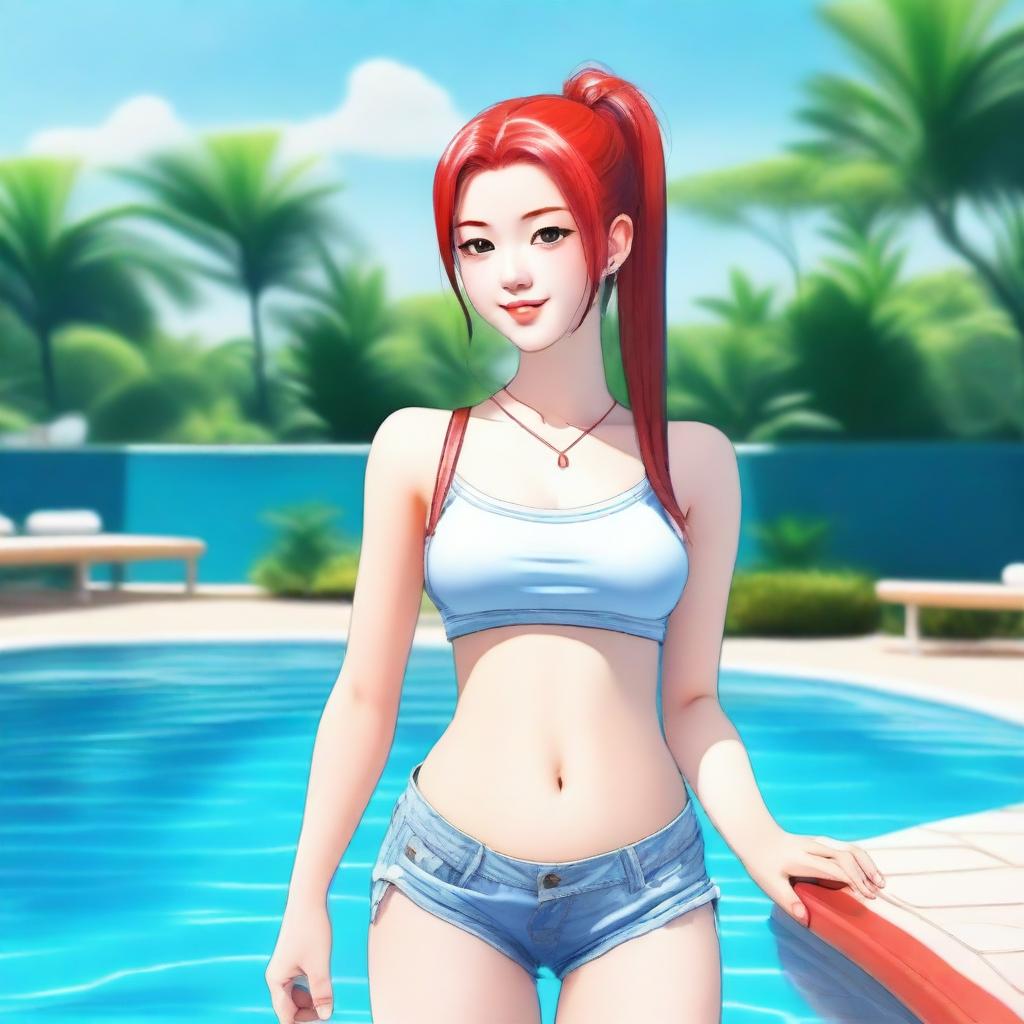 A girl with red ponytails stands beside a pool