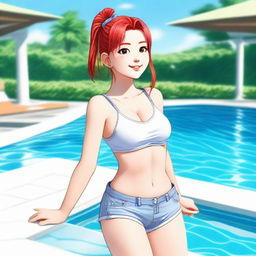 A girl with red ponytails stands beside a pool