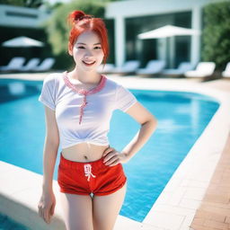 A girl with red ponytails stands beside a pool