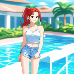 A girl with red ponytails stands beside a pool