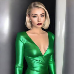 A full body image of a 25-year-old blonde woman with slicked-back hair and dark eyes featuring smokey eye makeup