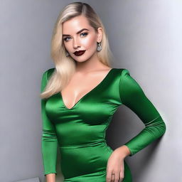 A full body image of a 25-year-old blonde woman with slicked-back hair and dark eyes featuring smokey eye makeup