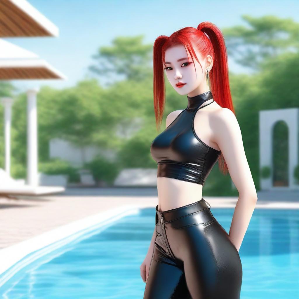 A girl with red ponytails stands beside the pool